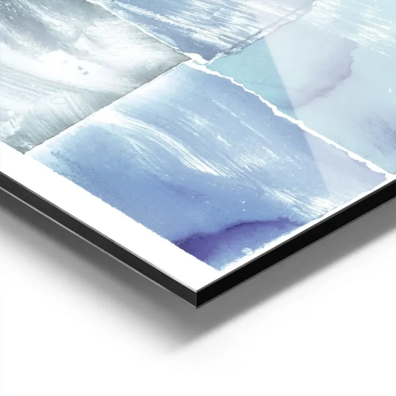 affiche artistique aquarelle abstraite avec des carres aux nuances de bleu et de aluminium.webp