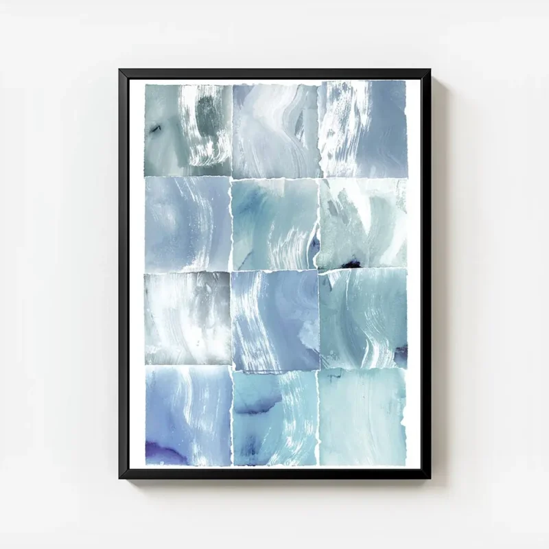 affiche artistique aquarelle abstraite avec des carres aux nuances de bleu et de avec cadre.webp