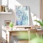 affiche artistique aquarelle abstraite avec des carres aux nuances de bleu et de bureau.webp