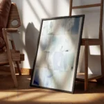 affiche artistique aquarelle abstraite avec des carres aux nuances de bleu et de encadre.webp