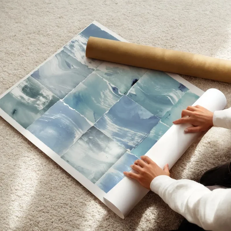 affiche artistique aquarelle abstraite avec des carres aux nuances de bleu et de enroule.webp