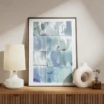 affiche artistique aquarelle abstraite avec des carres aux nuances de bleu et de meuble.webp
