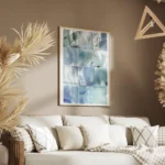 affiche artistique aquarelle abstraite avec des carres aux nuances de bleu et de salon.webp