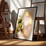affiche artistique de citrons jaunes sur fond rose certains entiers et certains encadre.webp