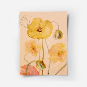 affiche artistique de coquelicots jaunes en aquarelle sur fond peche avec des to.webp