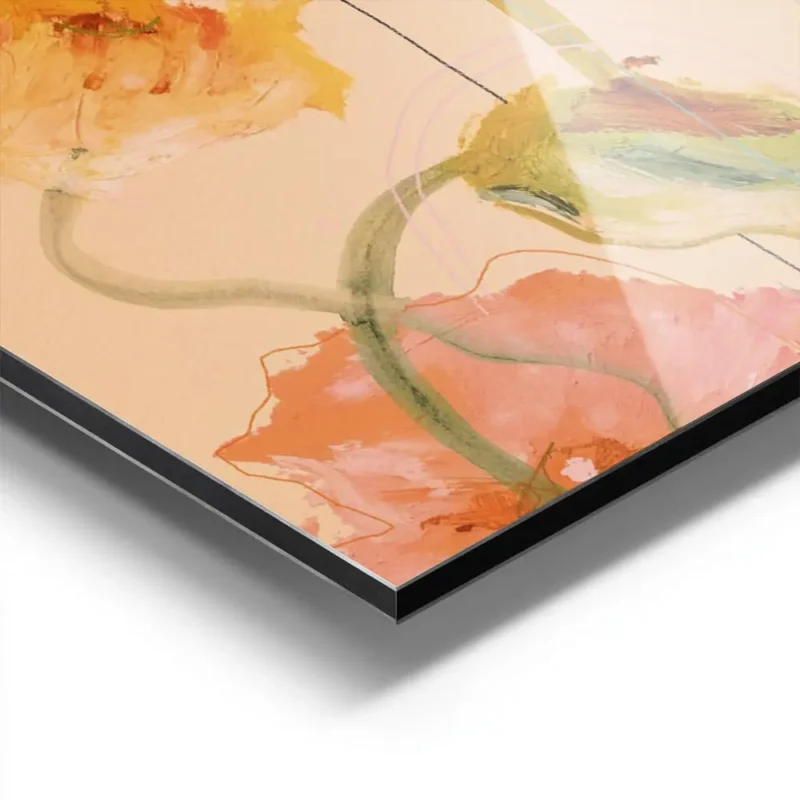 affiche artistique de coquelicots jaunes en aquarelle sur fond peche avec des to aluminium.webp