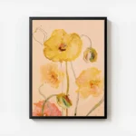 affiche artistique de coquelicots jaunes en aquarelle sur fond peche avec des to avec cadre.webp