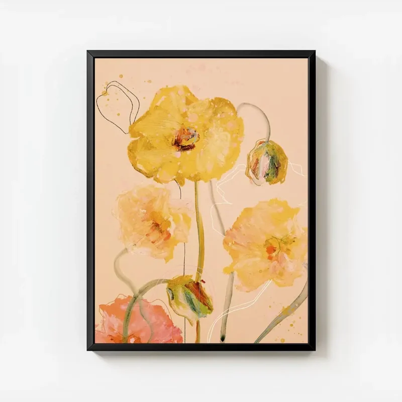 affiche artistique de coquelicots jaunes en aquarelle sur fond peche avec des to avec cadre.webp