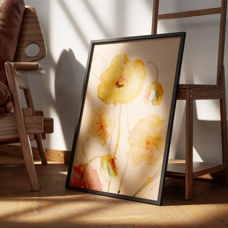 affiche artistique de coquelicots jaunes en aquarelle sur fond peche avec des to encadre.webp
