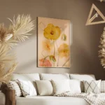 affiche artistique de coquelicots jaunes en aquarelle sur fond peche avec des to salon.webp