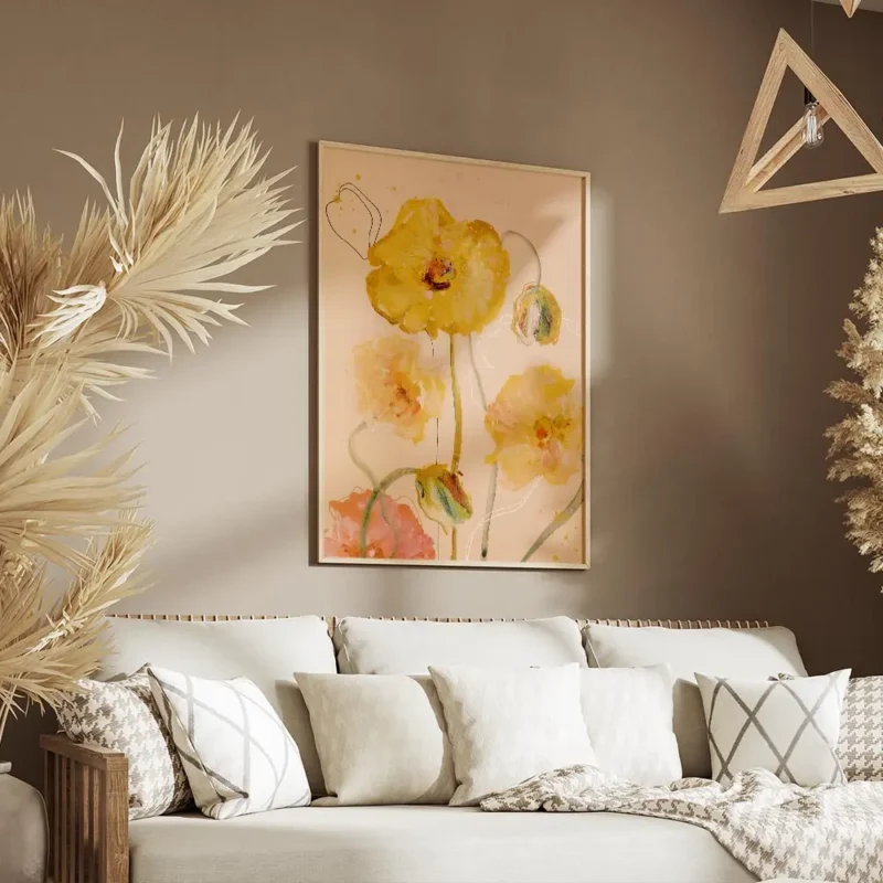 affiche artistique de coquelicots jaunes en aquarelle sur fond peche avec des to salon.webp