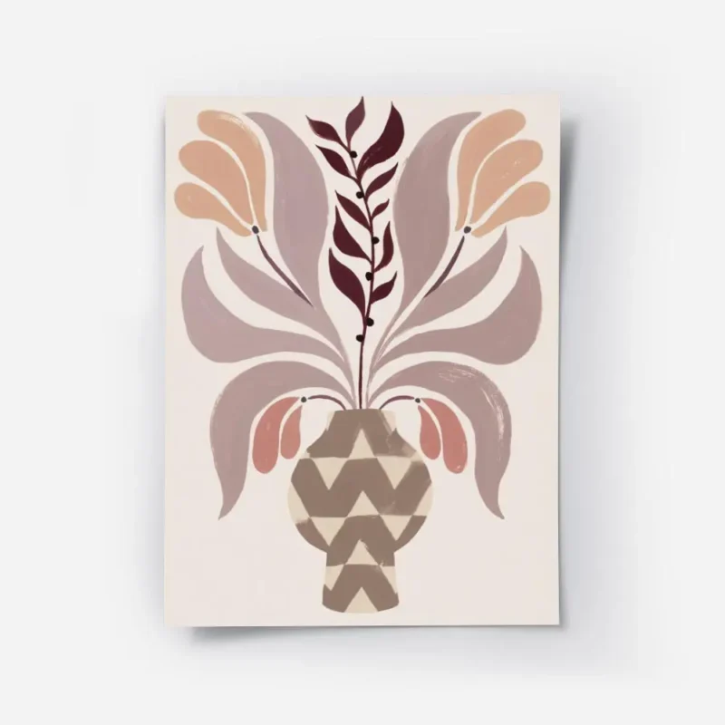 affiche artistique de fleur dans un vase beige avec un motif zigzag marron sur f.webp