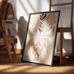 affiche artistique de fleur dans un vase beige avec un motif zigzag marron sur f encadre.webp