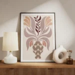 affiche artistique de fleur dans un vase beige avec un motif zigzag marron sur f meuble.webp