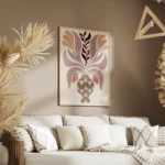 affiche artistique de fleur dans un vase beige avec un motif zigzag marron sur f salon.webp