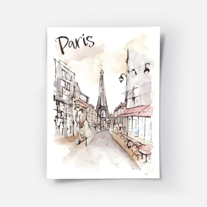 affiche artistique de paris a laquarelle avec la tour eiffel et le texte paris e.webp