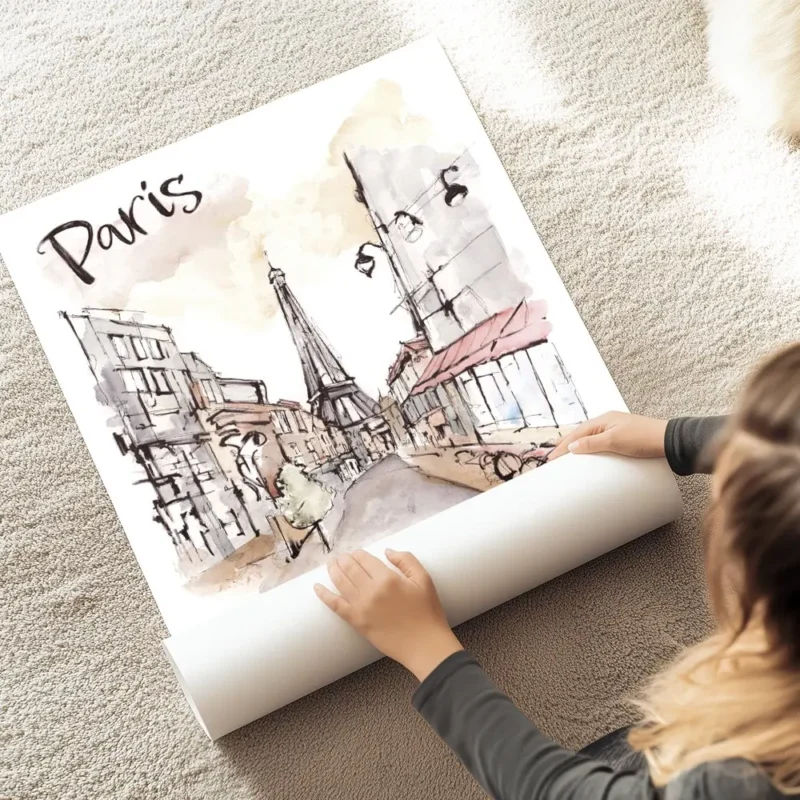 affiche artistique de paris a laquarelle avec la tour eiffel et le texte paris e au sol.webp