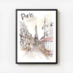 affiche artistique de paris a laquarelle avec la tour eiffel et le texte paris e avec cadre.webp