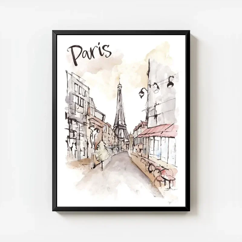 affiche artistique de paris a laquarelle avec la tour eiffel et le texte paris e avec cadre.webp