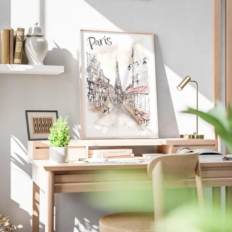 affiche artistique de paris a laquarelle avec la tour eiffel et le texte paris e bureau.webp