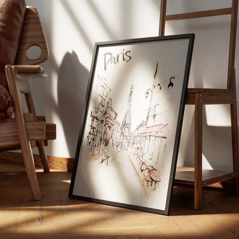 affiche artistique de paris a laquarelle avec la tour eiffel et le texte paris e encadre.webp