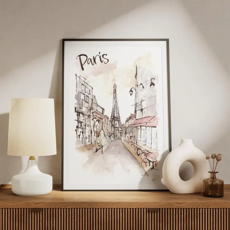 affiche artistique de paris a laquarelle avec la tour eiffel et le texte paris e meuble.webp