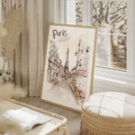 affiche artistique de paris a laquarelle avec la tour eiffel et le texte paris e salon beige.webp