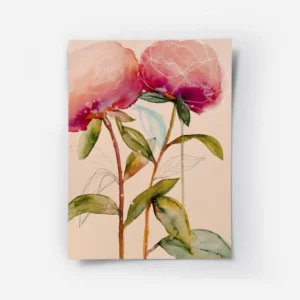 affiche artistique de pivoines roses aquarelle avec des feuilles vertes sur fond.webp