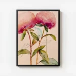 affiche artistique de pivoines roses aquarelle avec des feuilles vertes sur fond avec cadre.webp