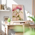 affiche artistique de pivoines roses aquarelle avec des feuilles vertes sur fond bureau.webp