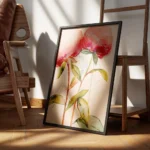 affiche artistique de pivoines roses aquarelle avec des feuilles vertes sur fond encadre.webp