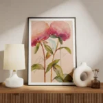 affiche artistique de pivoines roses aquarelle avec des feuilles vertes sur fond meuble.webp