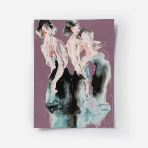 affiche artistique de trois femmes elegantes en peinture abstraite sur fond prun.webp
