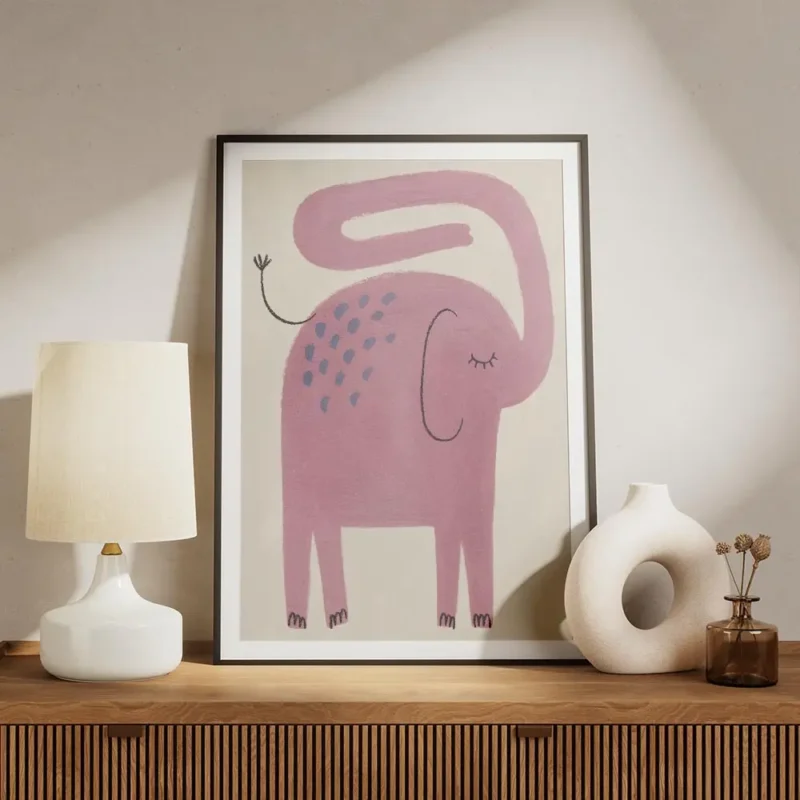affiche artistique dun elephant rose avec des taches bleues et une trompe courbe meuble.webp