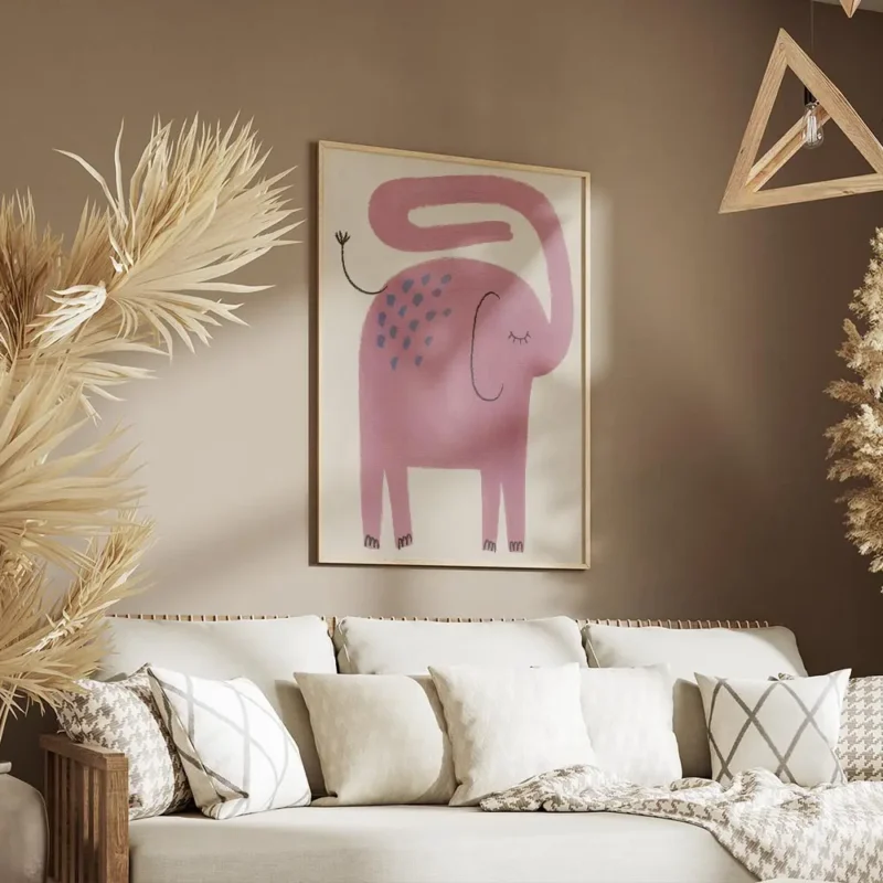affiche artistique dun elephant rose avec des taches bleues et une trompe courbe salon.webp