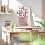 affiche artistique dun poirier avec des poires roses dans un vase beige style il bureau.webp