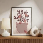 affiche artistique dun poirier avec des poires roses dans un vase beige style il meuble.webp