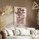 affiche artistique dun poirier avec des poires roses dans un vase beige style il salon.webp