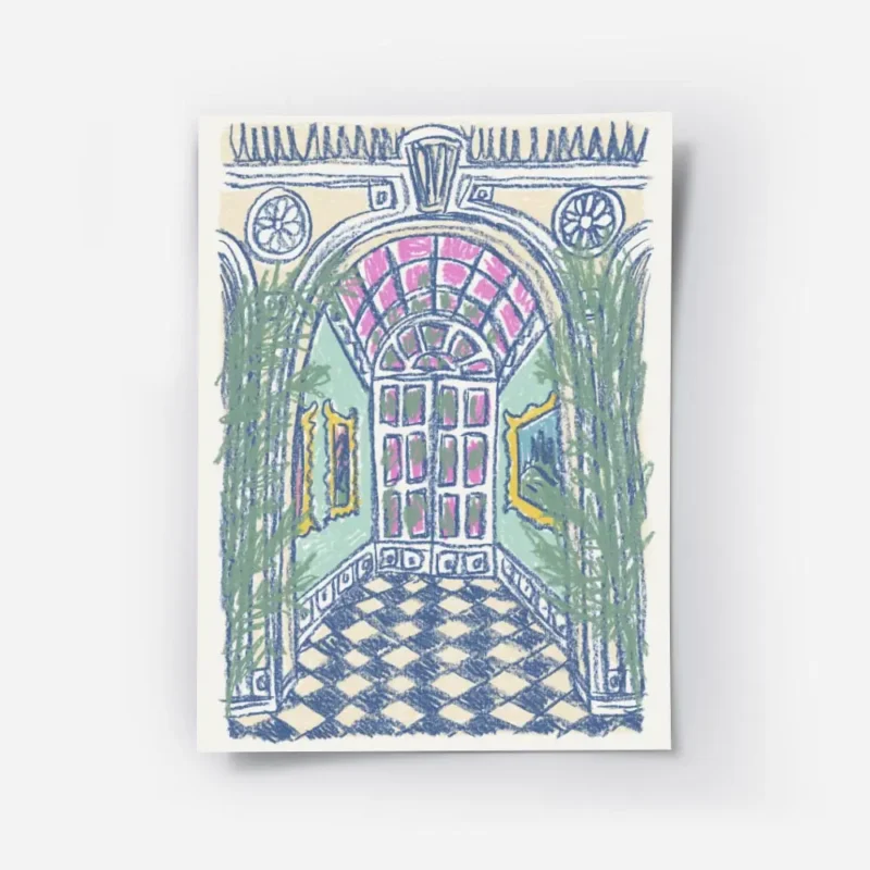 affiche artistique dune entree de palais avec des arches des plantes et un sol a.webp