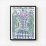 affiche artistique dune entree de palais avec des arches des plantes et un sol a avec cadre.webp