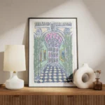 affiche artistique dune entree de palais avec des arches des plantes et un sol a meuble.webp