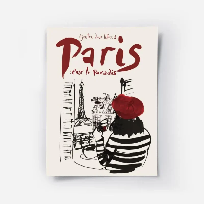 affiche artistique dune femme en beret rouge et mariniere admirant paris depuis .webp