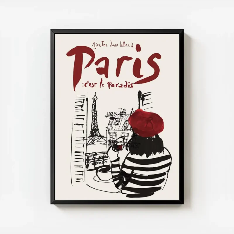 affiche artistique dune femme en beret rouge et mariniere admirant paris depuis avec cadre.webp