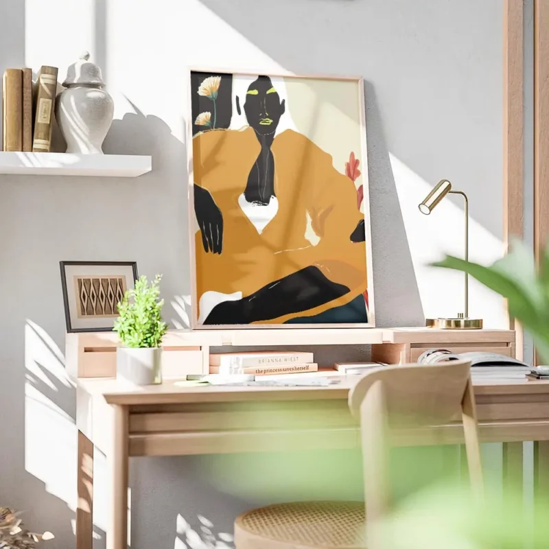 affiche artistique dune femme en robe orange au style figuratif avec des touches bureau.webp