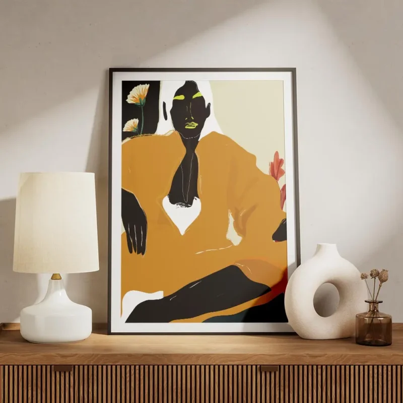affiche artistique dune femme en robe orange au style figuratif avec des touches meuble.webp