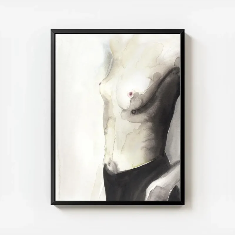 affiche artistique portrait de femme torse nu a laquarelle dans les tons naturel avec cadre.webp