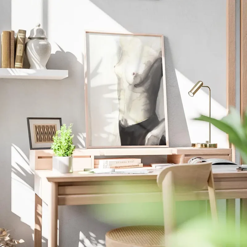 affiche artistique portrait de femme torse nu a laquarelle dans les tons naturel bureau.webp