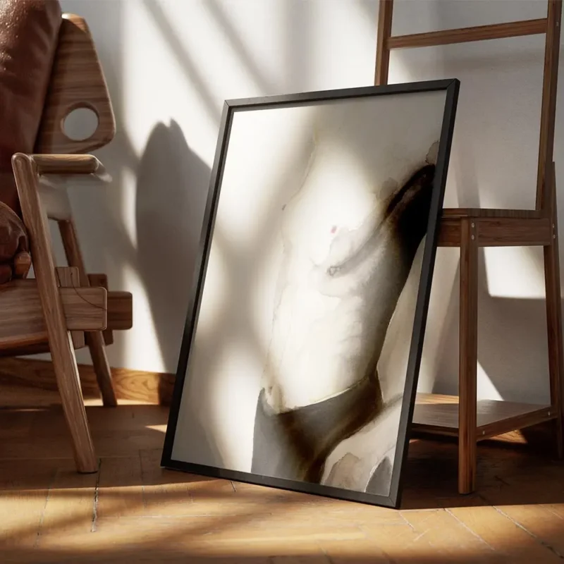 affiche artistique portrait de femme torse nu a laquarelle dans les tons naturel encadre.webp
