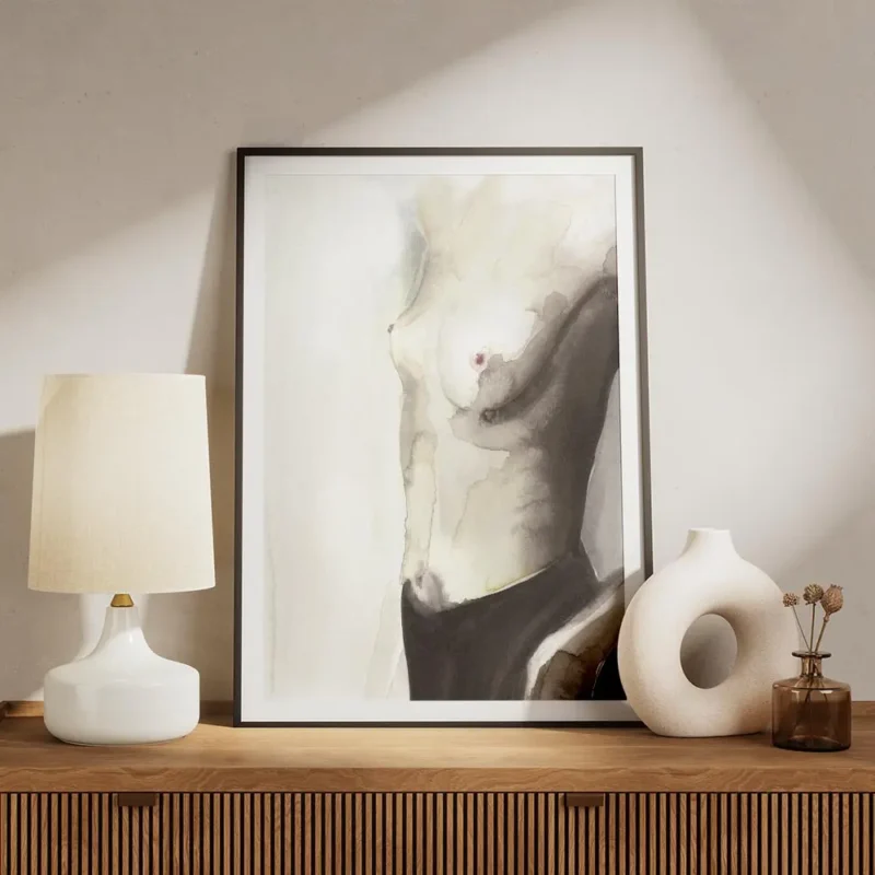 affiche artistique portrait de femme torse nu a laquarelle dans les tons naturel meuble.webp