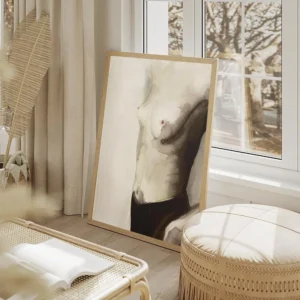 affiche artistique portrait de femme torse nu a laquarelle dans les tons naturel salon beige.webp